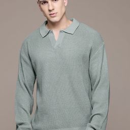 roadster Men Self Design V Neck Green Sweater-picture-20