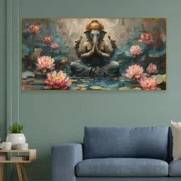 nestroots Gold Canvas Framed Serene Ganehsa on Nature Harmony Wall Painting-picture-15