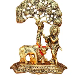 Ascension Gold Toned Lord Krishna With Cow & Calf Textured Metal Idol Showpiece image 4
