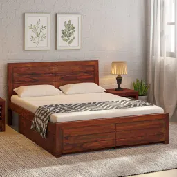 woodsworth from pepperfry Segur Sheesham Wood Queen Size Bed In Honey Oak Finish With Drawer Storage image 1