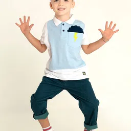 Cherry Crumble Unisex Kids Blue & White Colourblocked Polo Collar T-shirt image 5