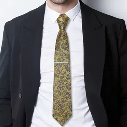AXLON Men Paisley Woven Design Tie With Pocket Square, Tie Clip & Flower Pin image 5