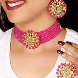 JMBW INTERNATIONAL Gold-Plated Kundan Stone-Studded & Pearls Beaded Jewellery Set image 5