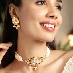 Rubans 22K Gold Plated Handcrafted Kundan & Pearl Choker NecklaceSet with Thread Detailing-picture-56
