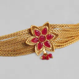 Kord Store Maroon Gold-Plated Stone-Studded Floral Jewellery Set image 5