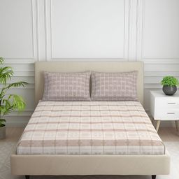 SPACES Beige & Grey Striped 144 TC Queen Bedsheet with 2 Pillow Covers-picture-21