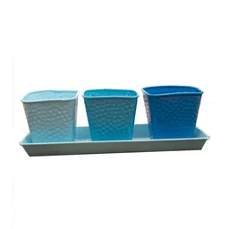 Turquoise Metal Succulent Potted Planter Tray with 3 Pots By Homesake image 4