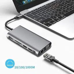 RuhZa USB Type C 12 in 1 Multiport Hub Adapter, Type-C to 2 HDMI 2 USB3.0 + 2 USB2.0 VGA + SD + TF + Audio + LAN Adapter (C to 12in1) USB Hub image 4