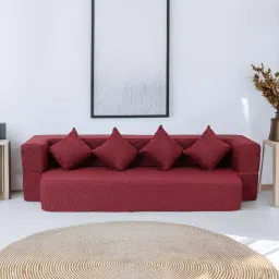 seventh heaven Laze Jute Fabric 4 Seater Sofa Cum Bed with 4 Cushions in MaroonColour image 1