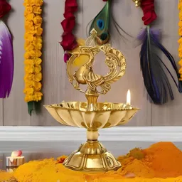 Panchmukhi Diya, decorative peacock Oil lamp, Gold, traditional Design(W:145gm) Brass Table Diya Set-image-32