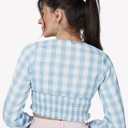 VASTRADO Blue & White Checked Blouson Crop Top image 5