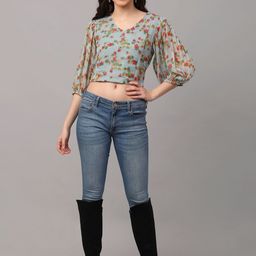 NEUDIS Teal Floral Print Chiffon Crop Top-picture-47
