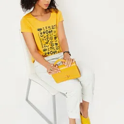 max Women Yellow Floral Printed Round Neck Cotton T-shirt image 5