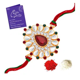 Sukkhi Rakhi Unisex White & Red Stone-Studded Rakhi With Roli Chawal & Greeting Card image 2