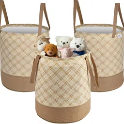heart home Cotton Pack of 3 Checkered Foldable 45L Toys Organizer for Kids Room | Cream Storage Basket-picture-16