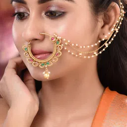 Saraf RS Jewellery Gold-Plated Kundan-Studded & Pearl Nose Ring With Chain image 2