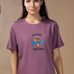 cupid Women Solid Round Neck Cotton Blend Purple T-Shirt-picture-32