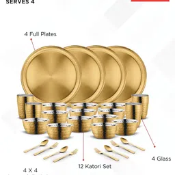 classic essentials Pack of 28 Stainless Steel High Grade Golden PVD Coating Hammered Dinner Set | Serve for 4 Dinner Set image 3