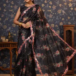 House of Pataudi Floral Printed Gotta Patti Organza Saree-picture-38