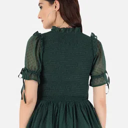 Trend Arrest Self Design Tie-Up Neck Smocked Dobby Peplum Top image 5