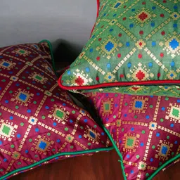 RoyalDeco Burgundy & Green 3 Pieces Geometric Zari Square Cushion Covers image 5