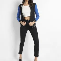 Campus Sutra Mock Collar Colourblocked Cotton Bomber Jacket With Windcheater image 3