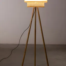 akway Beige & White Textured Cane Webbing Wooden Cylindrical Floor Lamp image 5