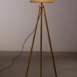 akway Beige Textured Cane Webbing Wooden Cylindrical Floor Lamp image 4