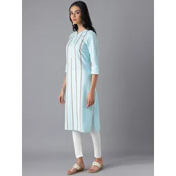 AURELIA Women Blue Striped Keyhole Neck Thread Work Kurta image 5