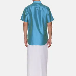 Sethukrishna Men Turquoise Blue & White Shirt With Dhoti Set image 5