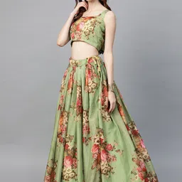 SHOPGARB Women Green & Maroon Printed Semi-Stitched Lehenga & Unstitched Blouse& Dupatta image 4