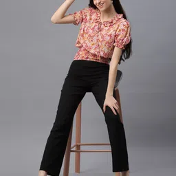 fuchsia PRETTY LOVING THING Pink Floral Print Tie-Up Neck Blouson Top image 2