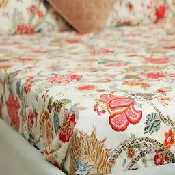 Srijee Decors Red & White Floral 250 TC Fitted King Bedsheet With 2 Pillow Covers image 2