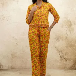 mokshi Floral Printed Shirt Collar Pure Cotton Top With Trousers image 3