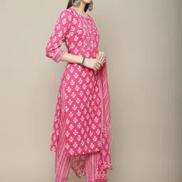 Sangria Women Floral Printed Mirror Work Pure Cotton Kurti with Trousers & Dupatta image 5