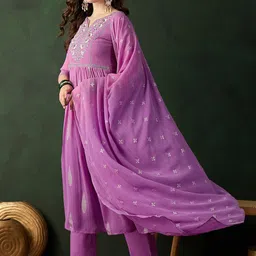 Sangria Lavender Printed Notch Neck Georgette A-Line Kurta With Trouser & Dupatta Set image 5