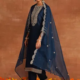 Indo Era Navy Blue Ethnic Motifs Embroidered Kurta With Trousers & Dupatta image 5