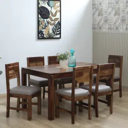 woodsworth from pepperfry Segur Sheesham Wood 6 Seater Dining Set in Scratch Resistant Provincial Teak Finish with Grey Cushion image 1