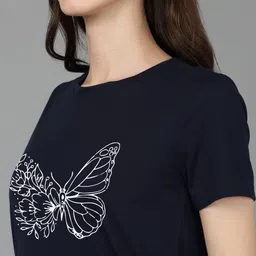 adyavastram Women Printed Round Neck Cotton Blend Navy Blue T-Shirt image 4