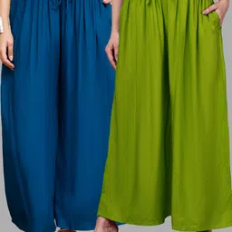 valles365 by s.c. Pack of 2 Women Flared Light Green, Blue Viscose Rayon Trousers-picture-19
