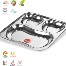 sumeet Stainless Steel 3 in 1 Pav Bhaji Plate / Compartment Plate 24.5cm Dia Sectioned Plate image 4