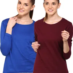 ap'pulse Pack of 2 Women Solid Round Neck Pure Cotton Blue, Brown T-Shirt-picture-34
