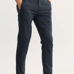 Men Slim Fit Dark Blue Cotton Blend Trousers-image-41