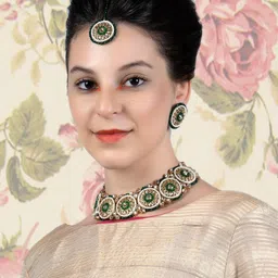 ODETTE Gold-Plated Stones Studded & Beaded Choker Necklace With Earrings & Maang Tika-picture-15