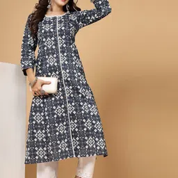 Pistaa Geometric Printed Pure Cotton Straight Kurta image 5