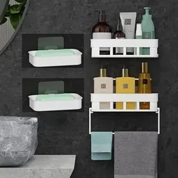 devam enterprise 2 Bathroom Shelves+2 Soap Dish+1 Towel Hanger Bathroom Organizer Rack Plastic Wall Shelf image 1