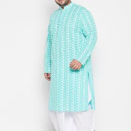 VASTRAMAY Men Plus Size Turquoise Blue & White Embroidered Pure Cotton Kurta with Dhoti Pants image 5