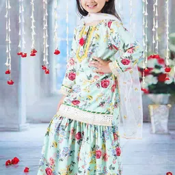 Little Bansi Girls Cotton Floral Print Kurta Sharara & Dupatta image 5