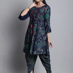 KALINI Floral Printed Thread Work A-Line Kurta with Dhoti Pants image 4
