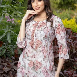 all about you Off White & Peach Mirror Work Floral Printed Cotton Straight Kurta image 3